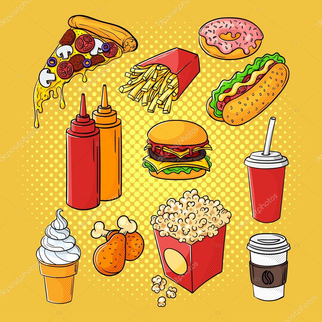 Vector hand drawn pop art set of fast food. Illustration of ketchup and mustard, burger, chicken legs, soda cup, pizza and hot dog. Retro style. Hand drawn sign. Illustration for print, web.