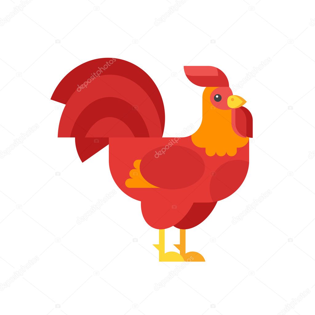 Vector flat style illustration of red rooster symbol of 2017. Cock icon. Isolated on white background.