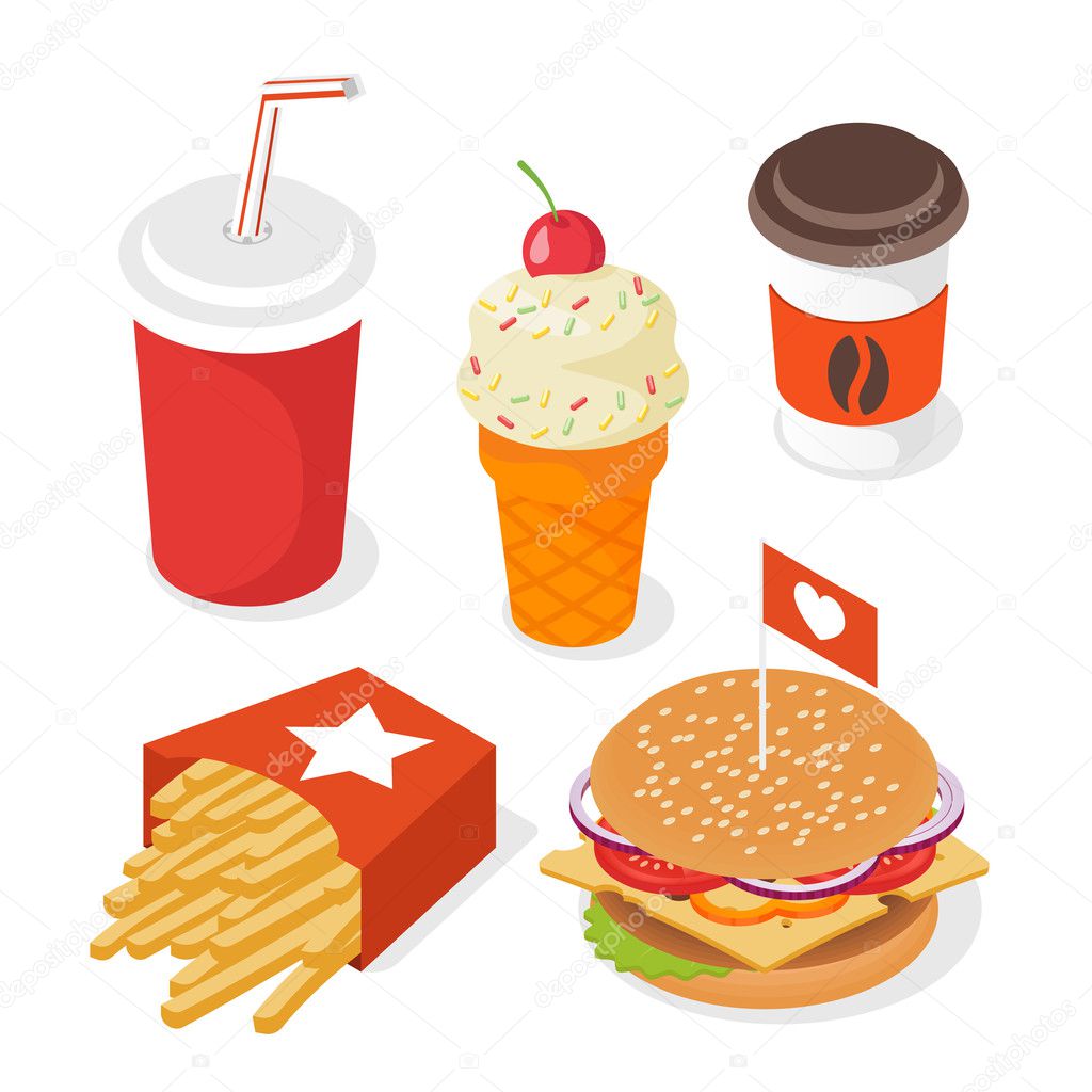 Isometric style 3d vector set of fast food. Illustration of burg