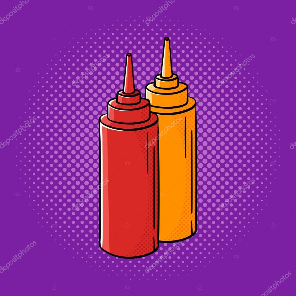 Vector hand drawn pop art illustration of ketchup and mustard. Fast food. Retro style. Hand drawn sign. Illustration for print, web.