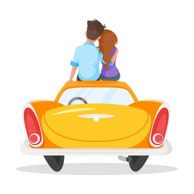 Sevgi dolu çift eski model araba üzerinde oturan vektör karikatür tarzı çizim