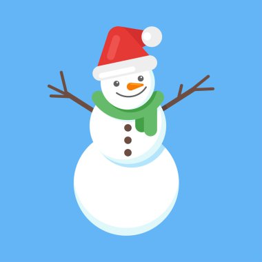 Vektör düz stil çizim mutlu sevimli kardan adam Noel Baba şapkası