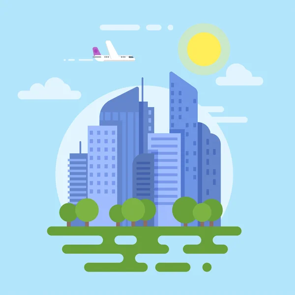 Ilustración de estilo plano vectorial de la ciudad moderna. Plano y edificios — Vector de stock