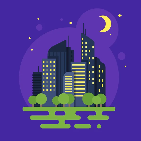 Ilustración de estilo plano vectorial de la ciudad nocturna. Luna y edificios — Archivo Imágenes Vectoriales