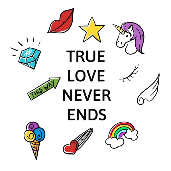 Ilustración vectorial del eslogan "El amor verdadero nunca termina" con el parche de moda — Archivo Imágenes Vectoriales
