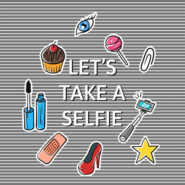 Sloganı "bir selfie moda yama ile alalım" illüstrasyon vektör — Stok Vektör
