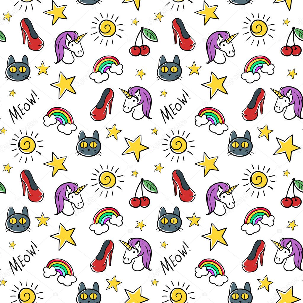 Vector seamless pattern of fashionable patches. Modern doodle  