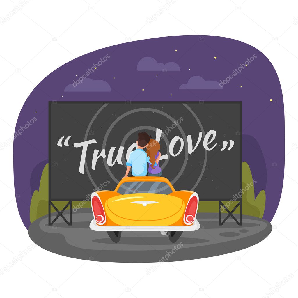 Vector cartoon style illustration of loving couple sitting on the vintage car