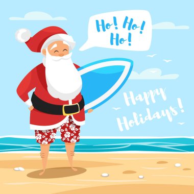 Santa sörfçü vektör karikatür tarzı çizim.
