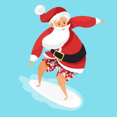 Santa sörfçü vektör karikatür tarzı çizim.