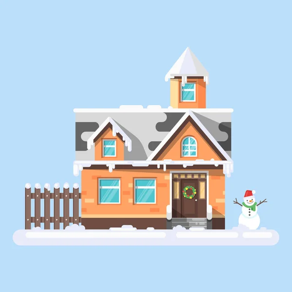 Kış evi kardan adam ile vektör düz stil çizim. — Stok Vektör