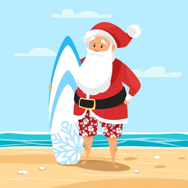Ilustração em estilo desenho animado vetorial de Santa surfista . — Vetor de Stock