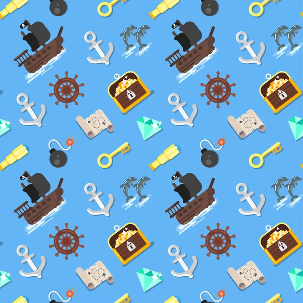 Vector flat style seamless pattern with pirate ship — Stock Vector