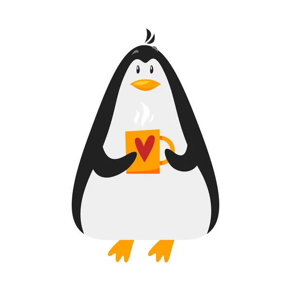 Επίπεδη στυλ εικονογράφηση φορέας πιγκουίνος με φλιτζάνι καφέ — Διανυσματικό Αρχείο