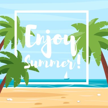 Palmiye ağaçları ile plaj vektör karikatür tarzı çizim.