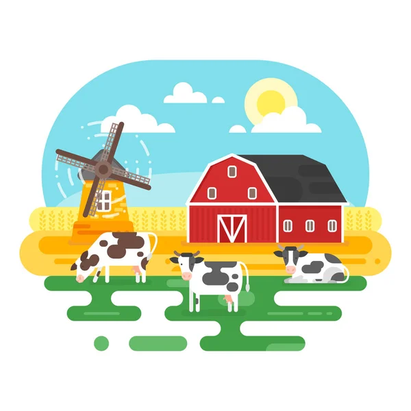 Vectorillustratie vlakke stijl van boerderij met koeien. — Stockvector