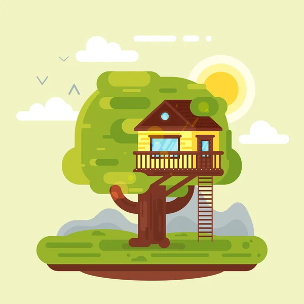 Illustration vectorielle de style plat de maison sur arbre . — Image vectorielle