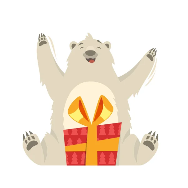 Vector flat style illustration of white bear with gift. — Stock Vector