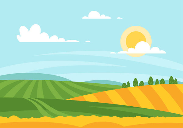 Vector cartoon style illustration of wheat field in a daytime.
