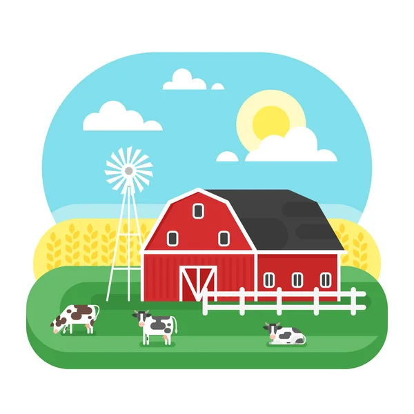 Ilustración de estilo plano vectorial de granja con vacas . — Archivo Imágenes Vectoriales