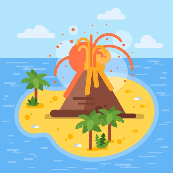 Vector flat style illustration of volcano on tropical island. — Stock Vector