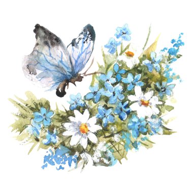 Suluboya raster illüstrasyon kelebek ve çiçek.