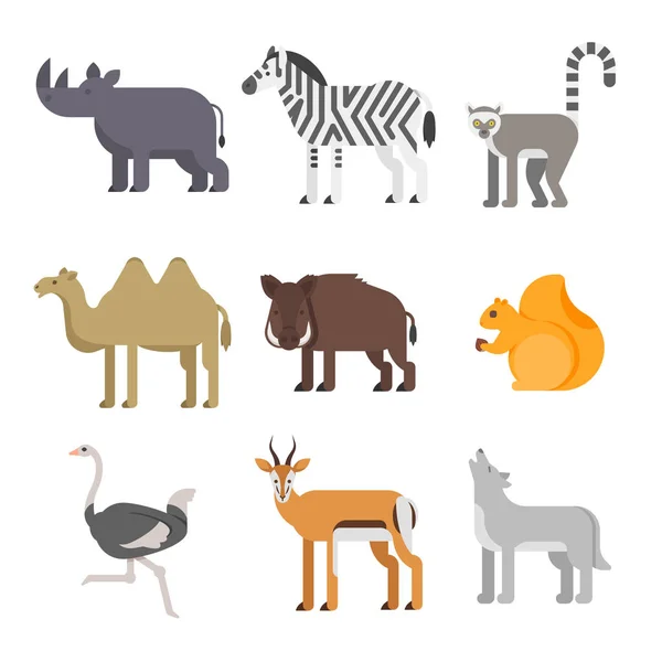 Vector flat style set of animals. Rhinoceros, wolf, lemur. — Stock Vector