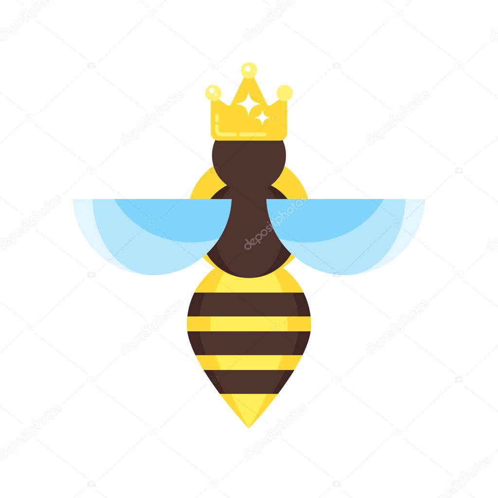 Vector flat style illustration of queen bee. Icon for web. Isolated on white background.