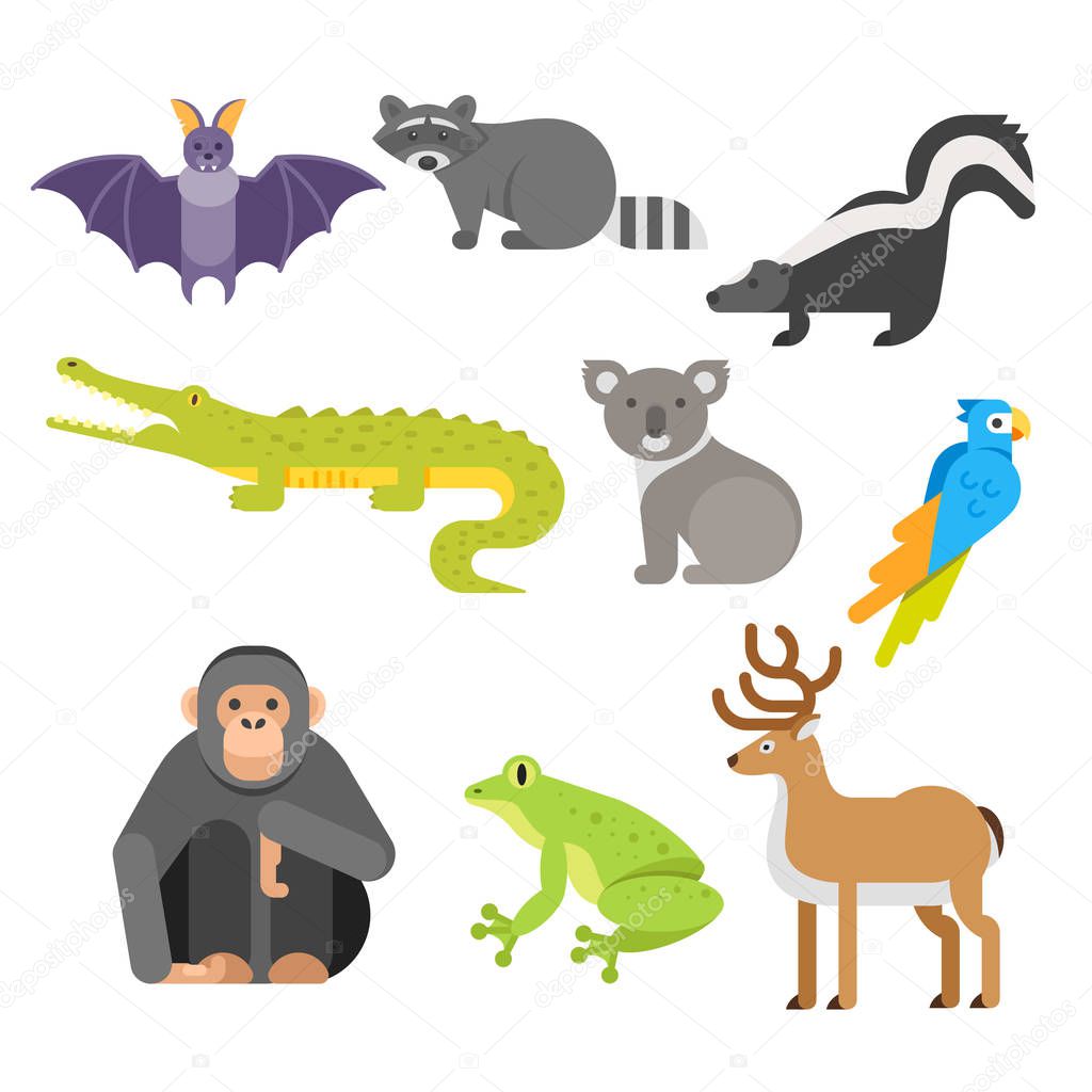 Vector flat style set of animals. Crocodile, raccoon, monkey.