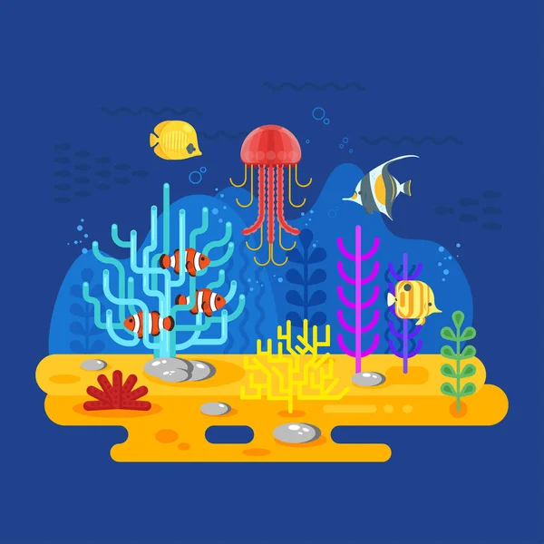 魚とサンゴ礁のベクトル フラット スタイル イラスト. — ストックベクタ