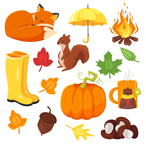 Vector cartoon stijlenset herfst symbolen: fox, pompoen, gele laarzen — Stockvector