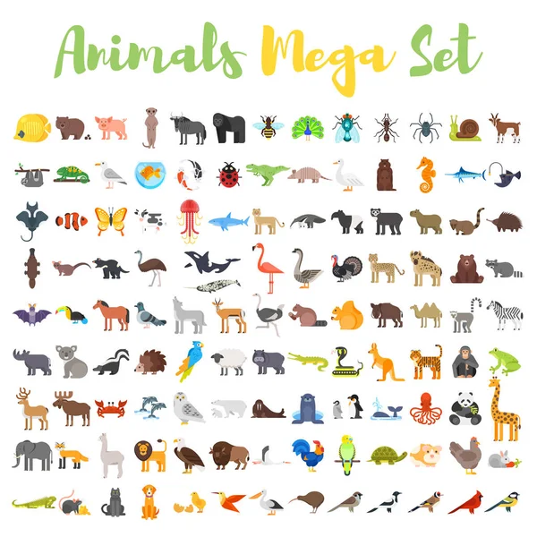 Vector flat style big set of animals. — Stock Vector