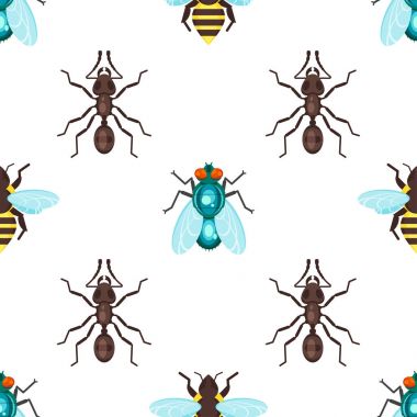 Vektör düz stil seamless modeli karıncalar, arılar ve sinek.