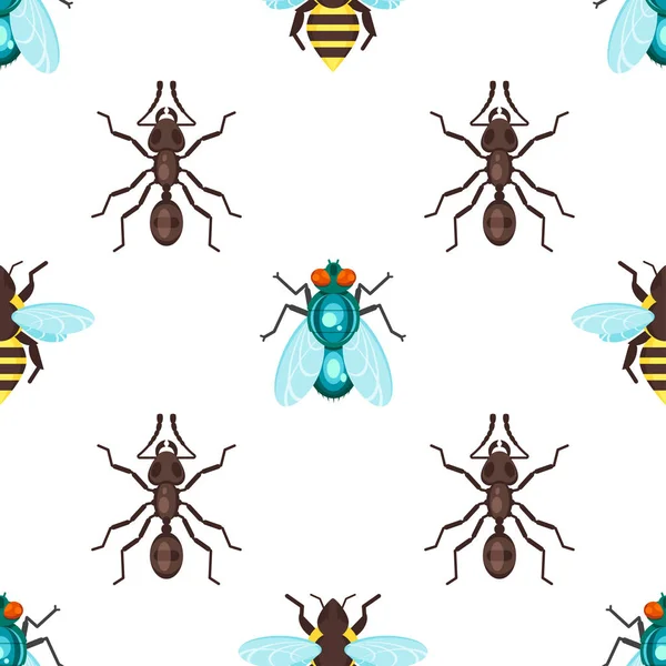 Vector flat style seamless pattern with ants, bees and fly. — Stock Vector