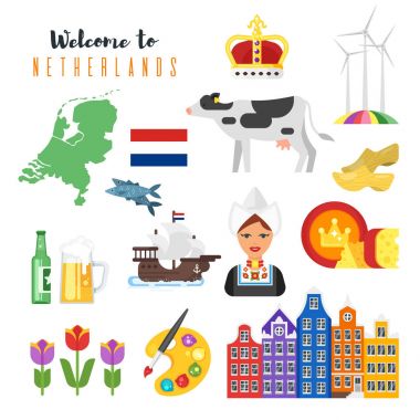 Hollanda ulusal kültürel sembolleri vektör düz Stil kümesi.