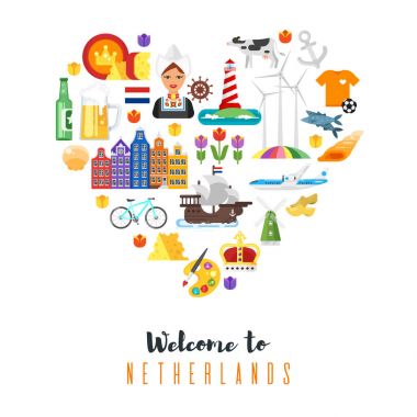 Vektör düz stil kalp şekli kompozisyon Hollanda ulusal kültürel sembollerin.
