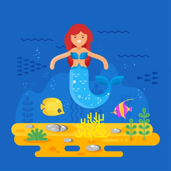 Vector flat style illustration of mermaid, coral reef, fish and sea life — Stock Vector