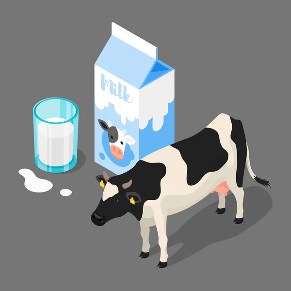 Ilustración isométrica vectorial 3d del embalaje de leche, vaso de leche y una vaca sobre fondo gris — Vector de stock