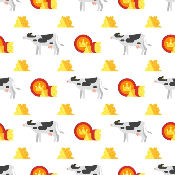 Modèle plat vectoriel sans couture avec fromage et vache — Image vectorielle