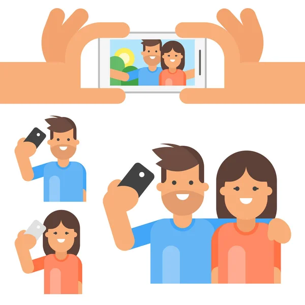 Set in stile piatto di uomo e donna felice che si scattano selfie . — Vettoriale Stock