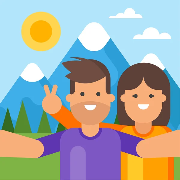 Mutlu turist çift alarak selfie dağların arkasında. — Stok Vektör