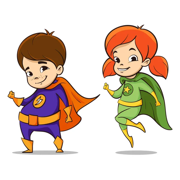 Vektör el çekilmiş renkli resimde iki mutlu süper kahraman çocuk — Stok Vektör
