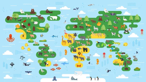 Большая абстрактная карта мира с животными . — стоковый вектор