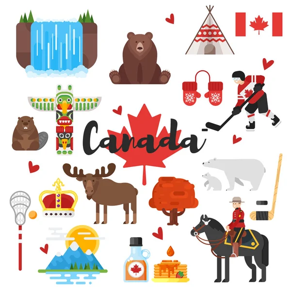 Conjunto de símbolos culturales nacionales canadienses estilo plano vectorial . — Archivo Imágenes Vectoriales