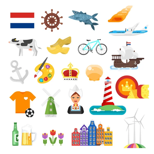 Conjunto de símbolos culturales nacionales neerlandeses de estilo plano vectorial . — Vector de stock