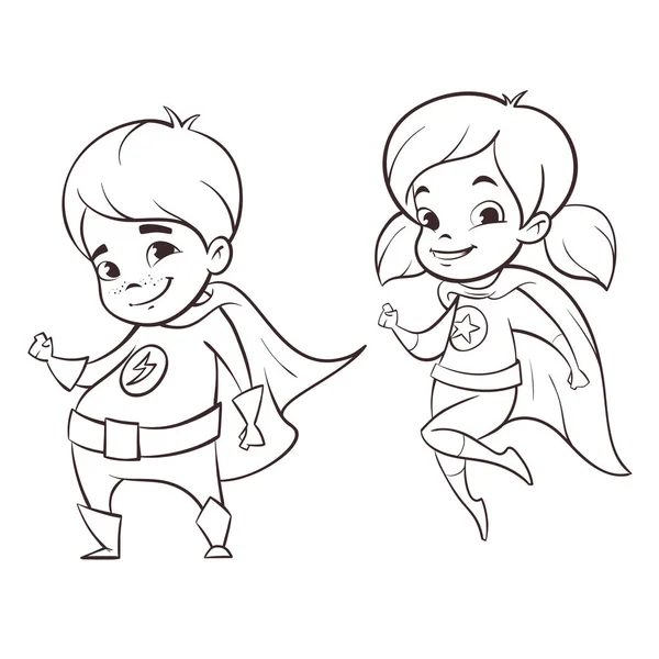 Vector hand drawn monochrome illustration of two happy super hero kid — Stock Vector