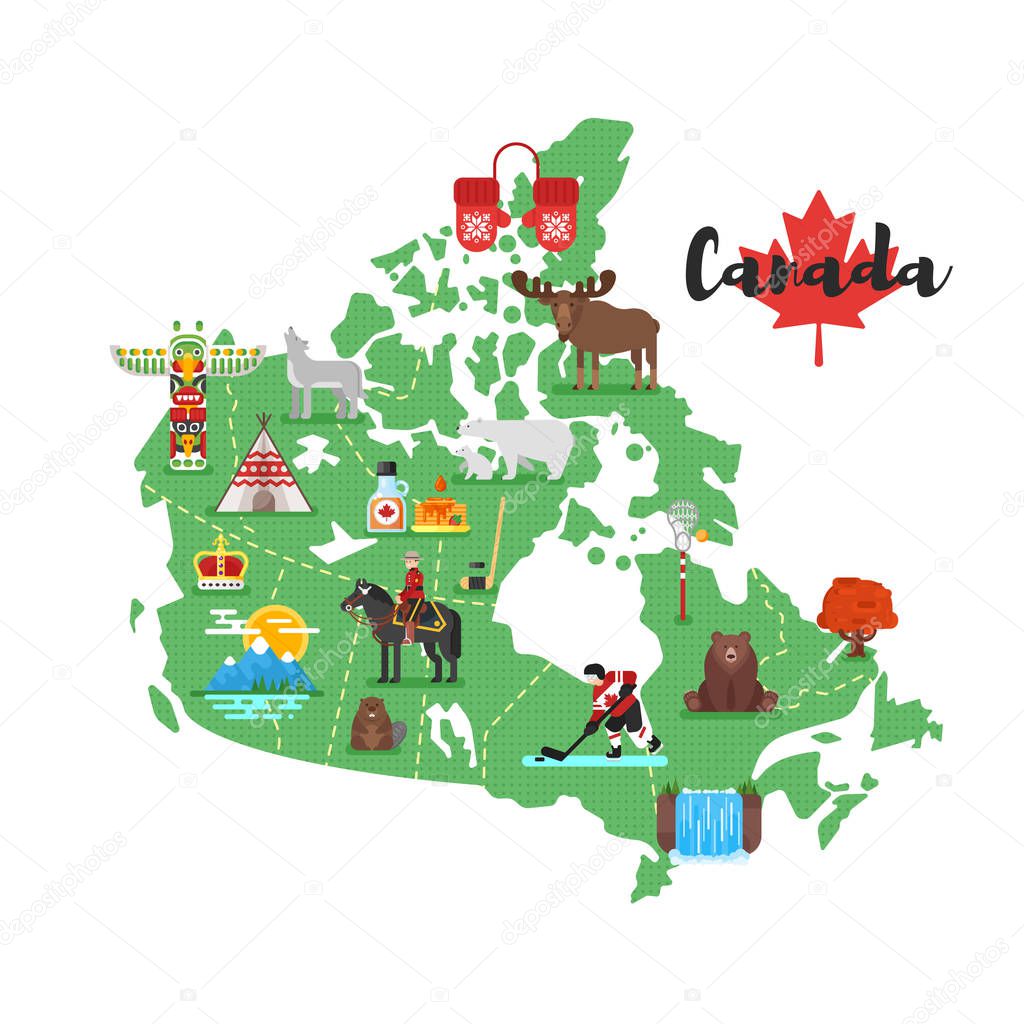 Vector flat style illustration of Canadian map with Canadian national cultural symbols. 