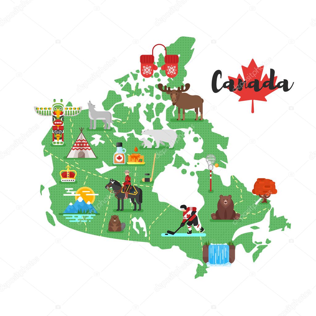 Vector flat style illustration of Canadian map with Canadian national cultural symbols. Isolated on white background.