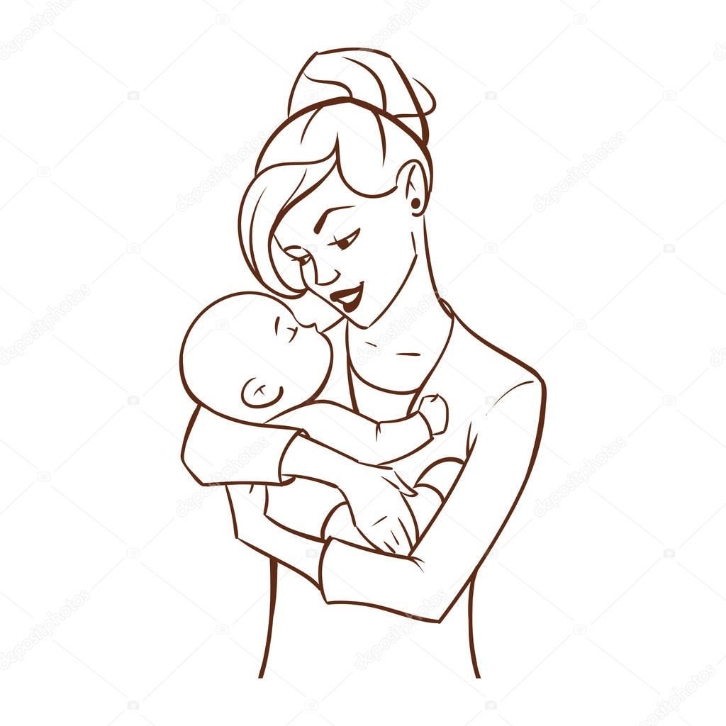 Vector hand drawn monochrome illustration of happy mother