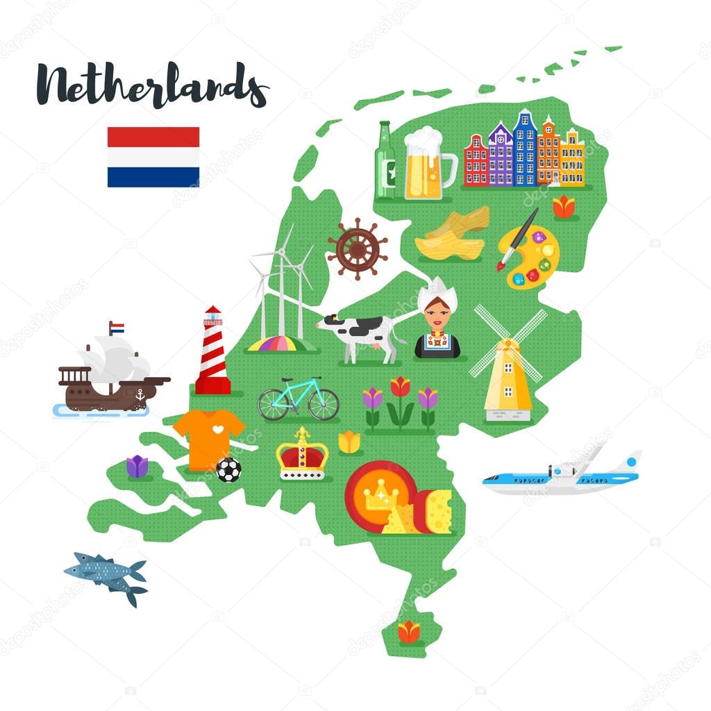 Vector flat style illustration of Netherlands map with Holland national cultural symbols. Isolated on white background.